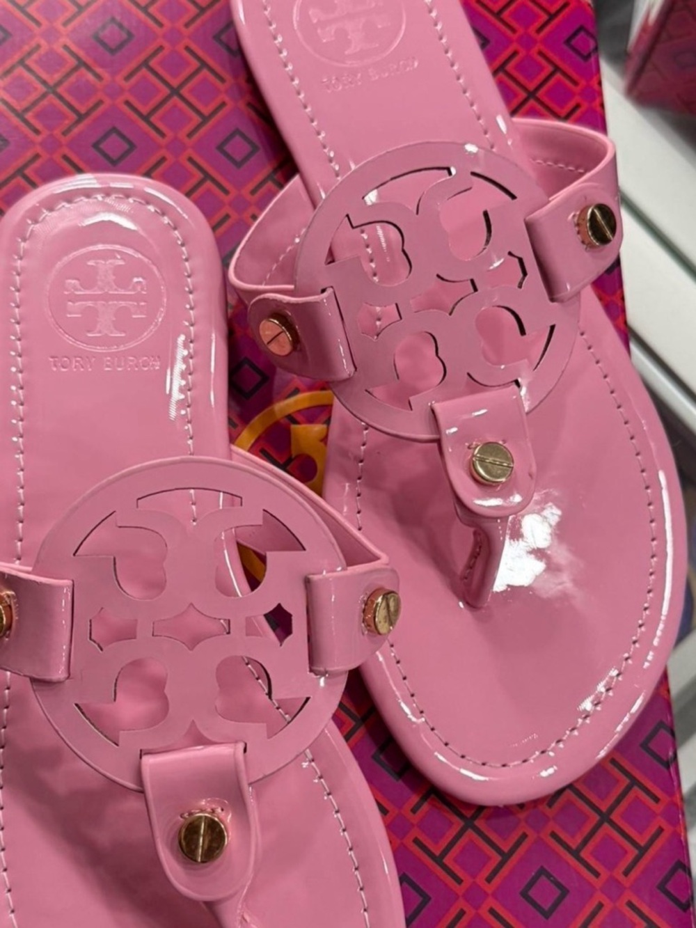 Tory Burch Pink Patent Logo Thong Sandals with Gold Studs